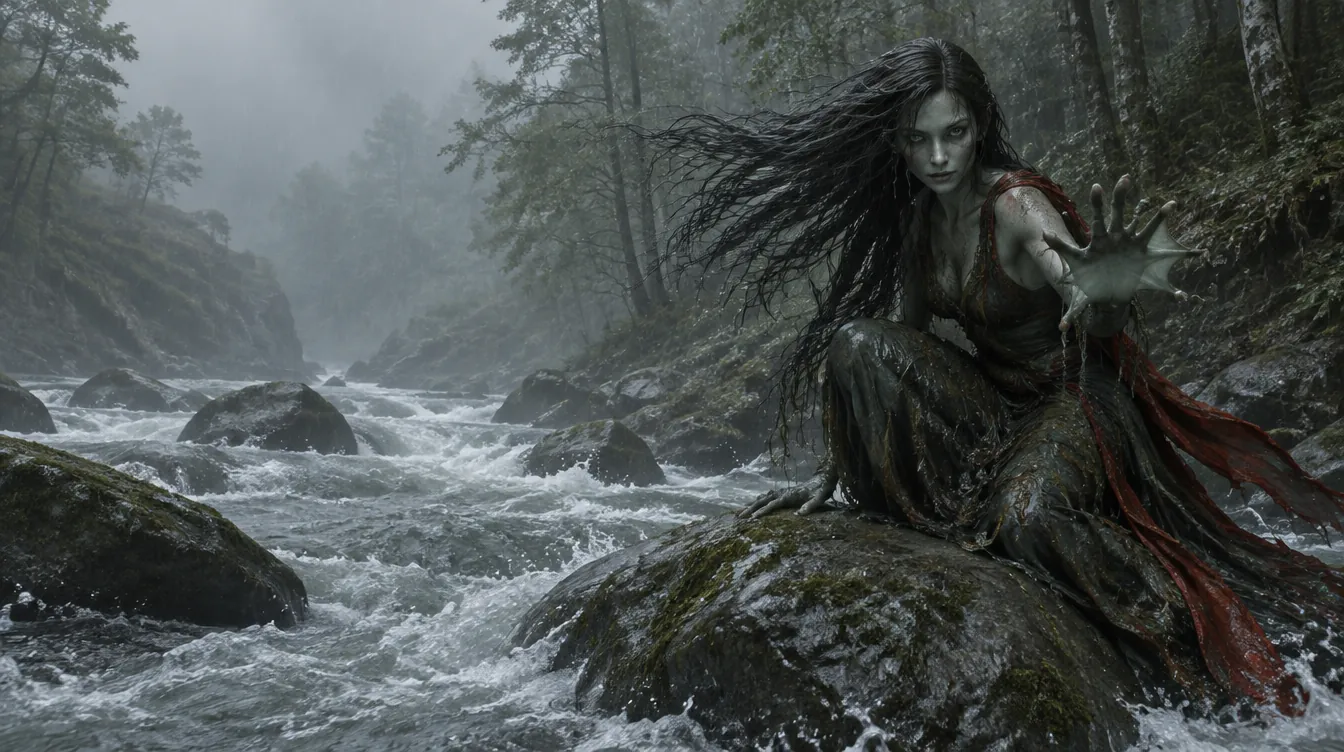 Tangkapan in-game: The River Combs berjongkok di batu tengah sungai deras saat hujan, satu tangan berselaput terangkat.