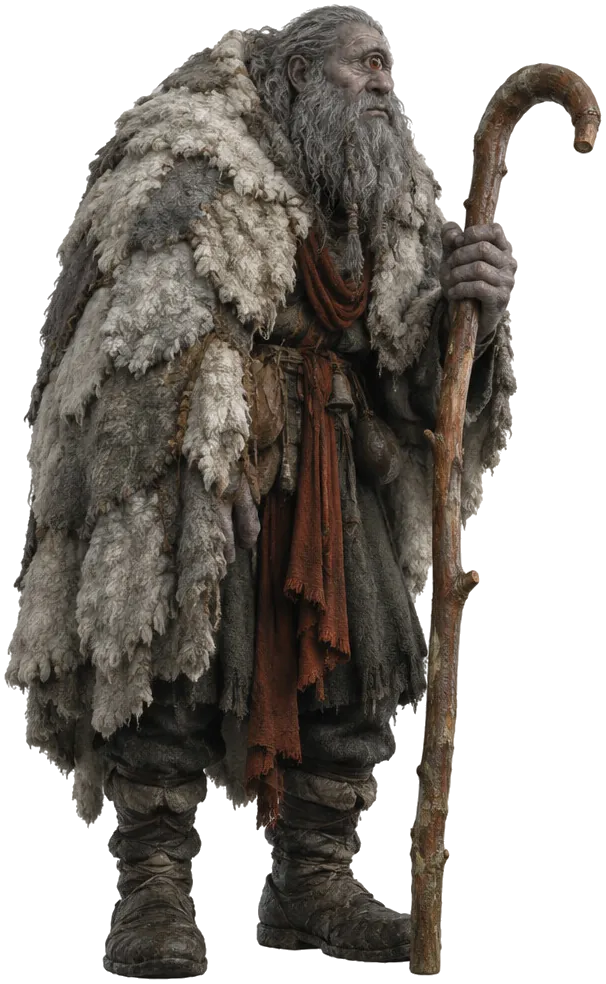 The One-Eyed Shepherd, raksasa bungkuk bermata satu berjubah kulit domba, bertumpu pada batang beech.